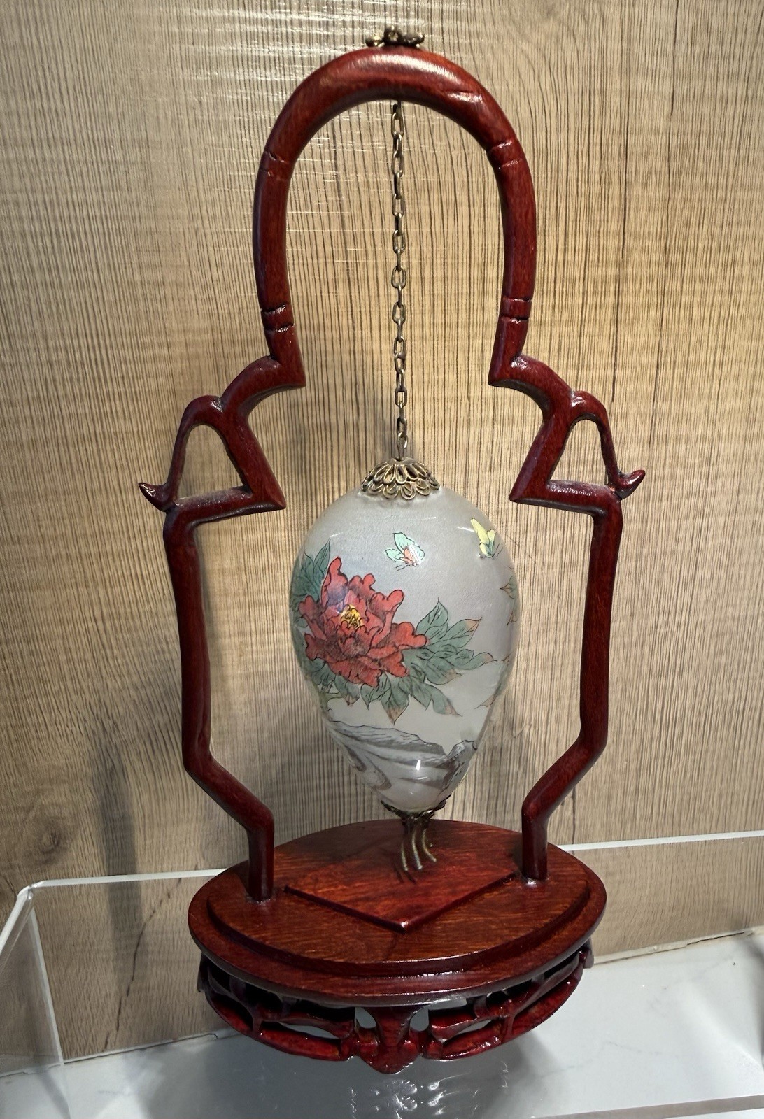 Chinese Reverse Painted Glass Egg on Stand – Decorative Art Piece