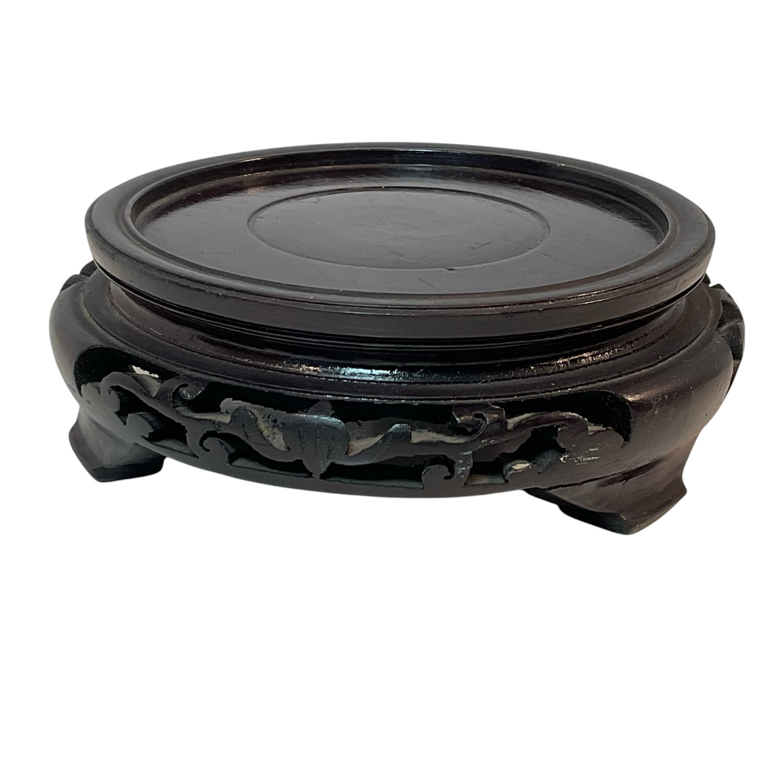 Carved Asian Wood Pedestal Stand Round 4” Urn Vase Display Chinese Base Glossy