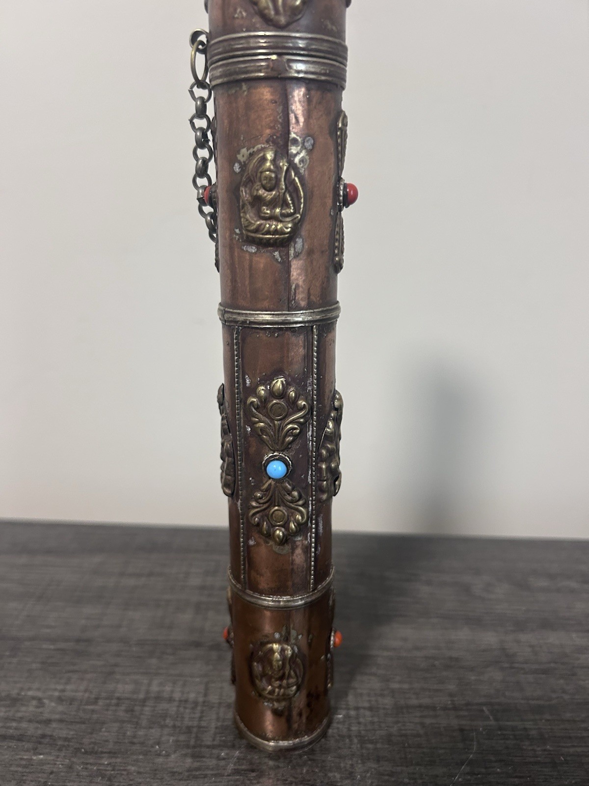 Tibet Copper Inlaid with Green Pine Stone Incense Cylinder -Collectible