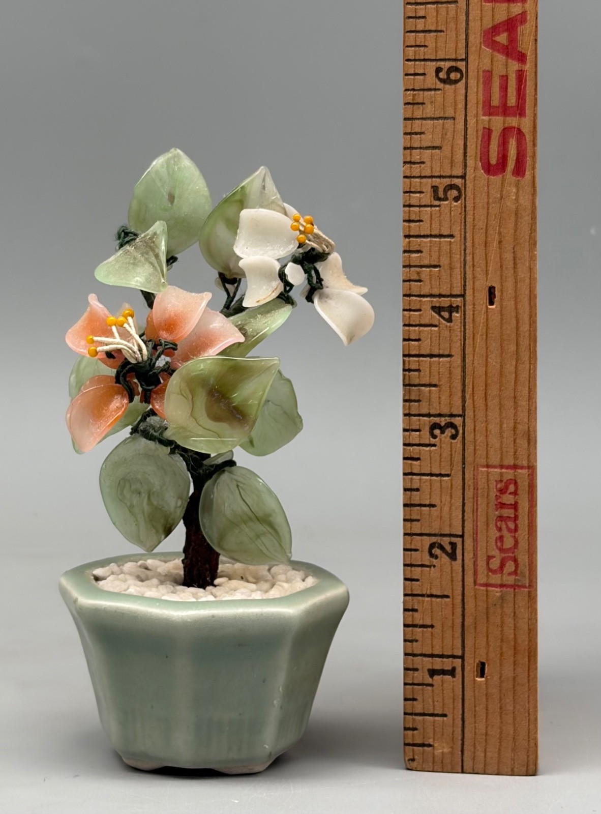 Vintage Miniature Chinese Bonsai Tree Carved Flowers & Leaves Jade 5 1/4″