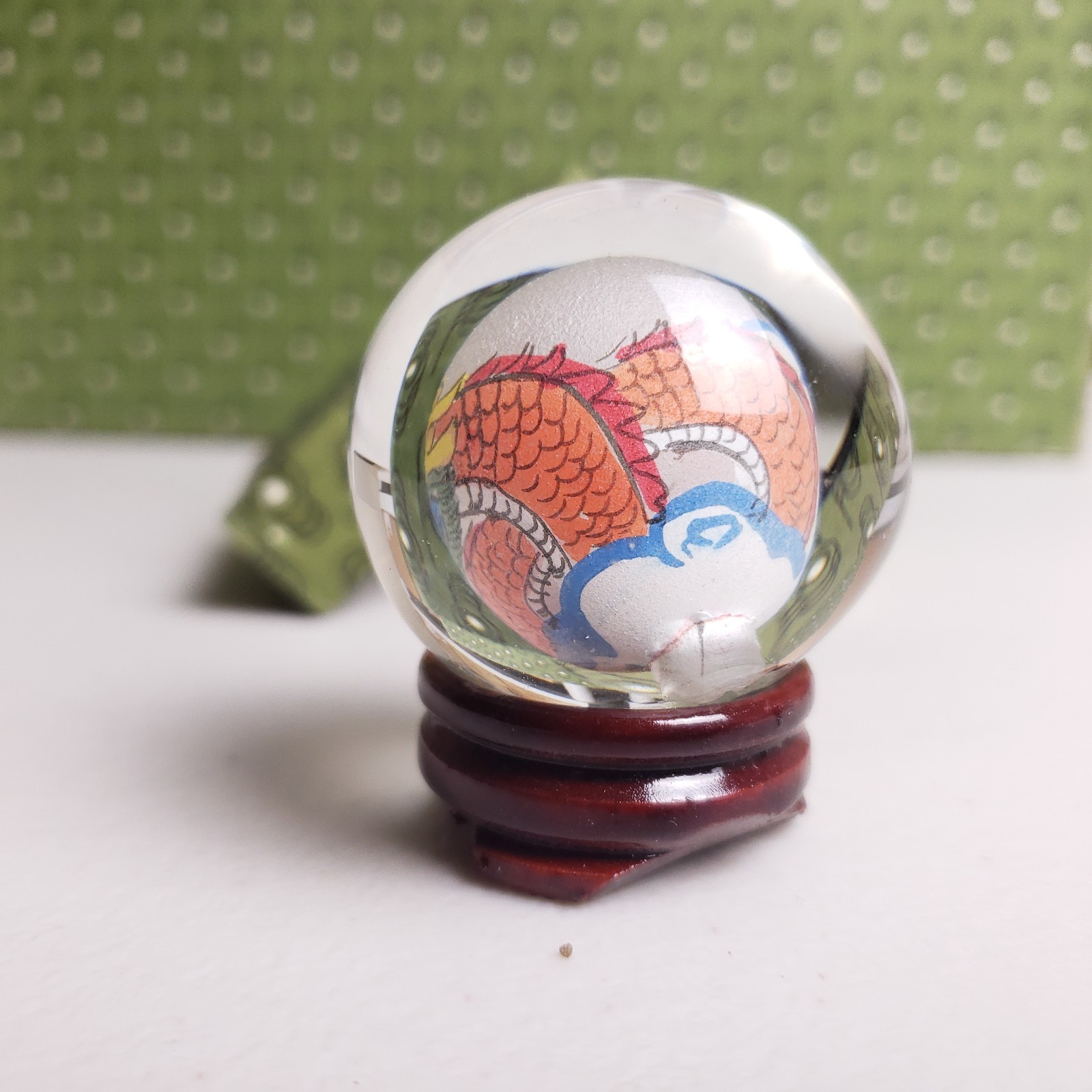 Vintage Reverse Painted Glass Dragon Globe Miniature Art Sphere With Stand Box
