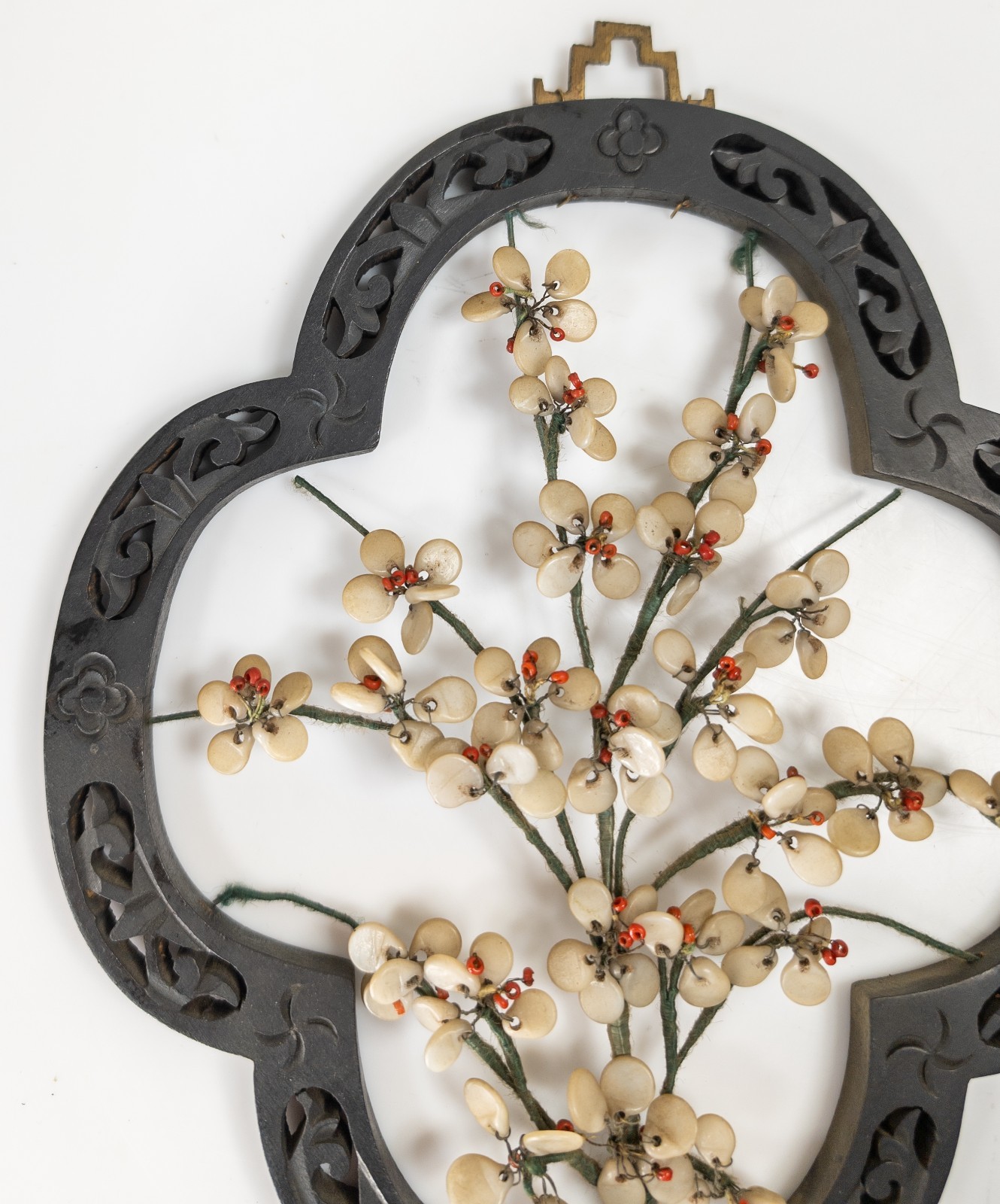 Vintage Chinese Faux Jade Peking Glass Prunus Flower Wall Hanging