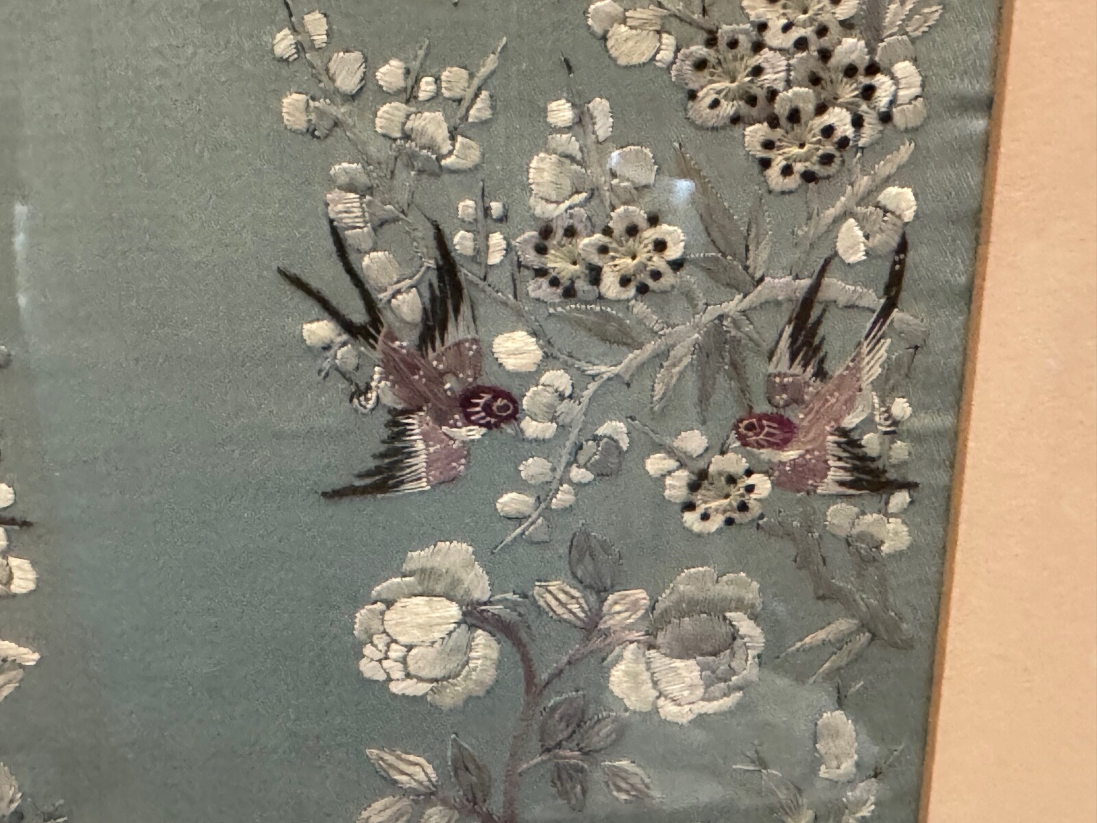Vtg Antique Chinese Framed Silk Embroidered Textile Birds & Flowers Decoration