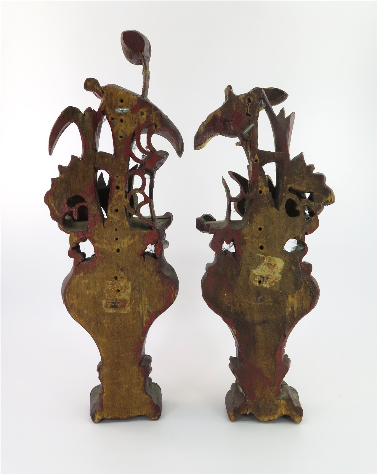 2 Vintage Carved Wood Gilt & Red Chinese Decorative Wall Sculptures 13″ T x 4.5″
