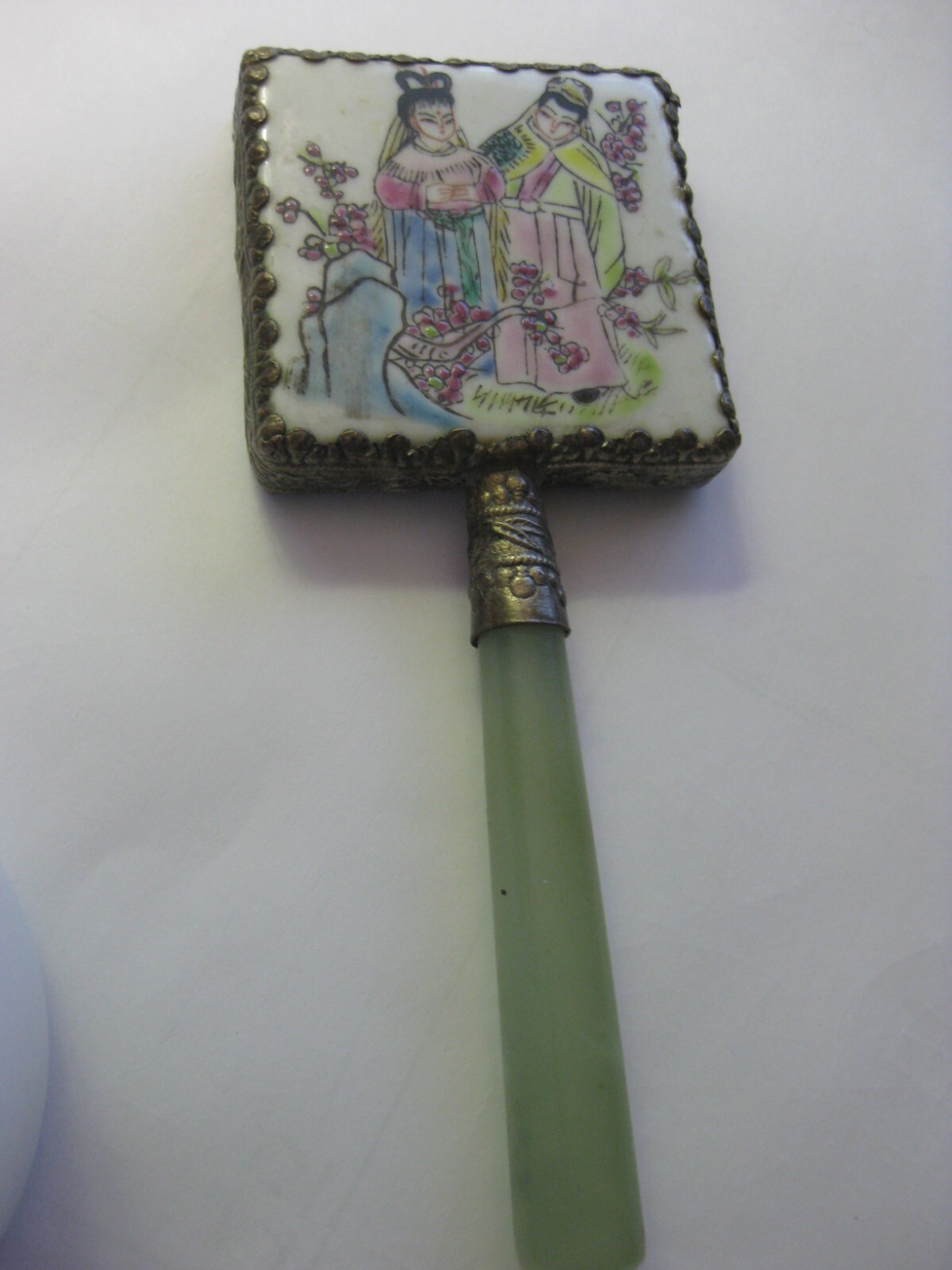 Vintage Small Asian Oriental Motif with Faux Green Jade Handle Mirror