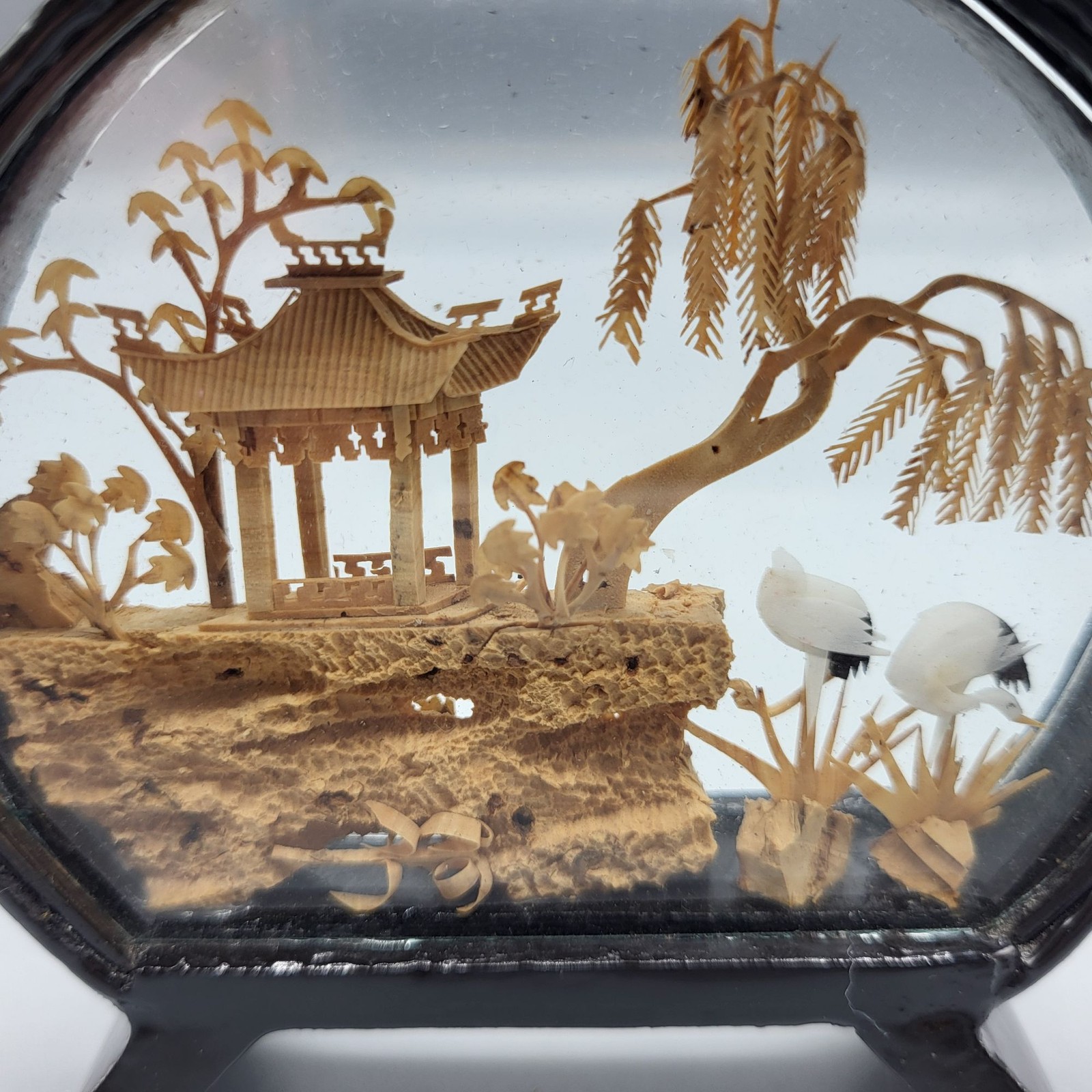 Vintage Chinese Landscape Cork Diorama Glass Dome Black Stand SMALL 3.5″ x 3.25″