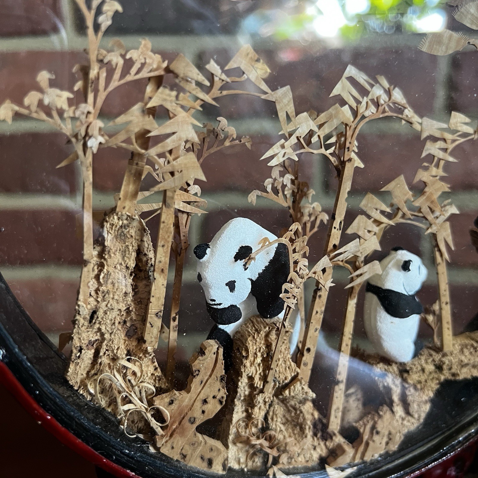 Vintage Carved Corkwood Diorama Pandas Chinese 12”x9.5” Frame Stand Panda Bears