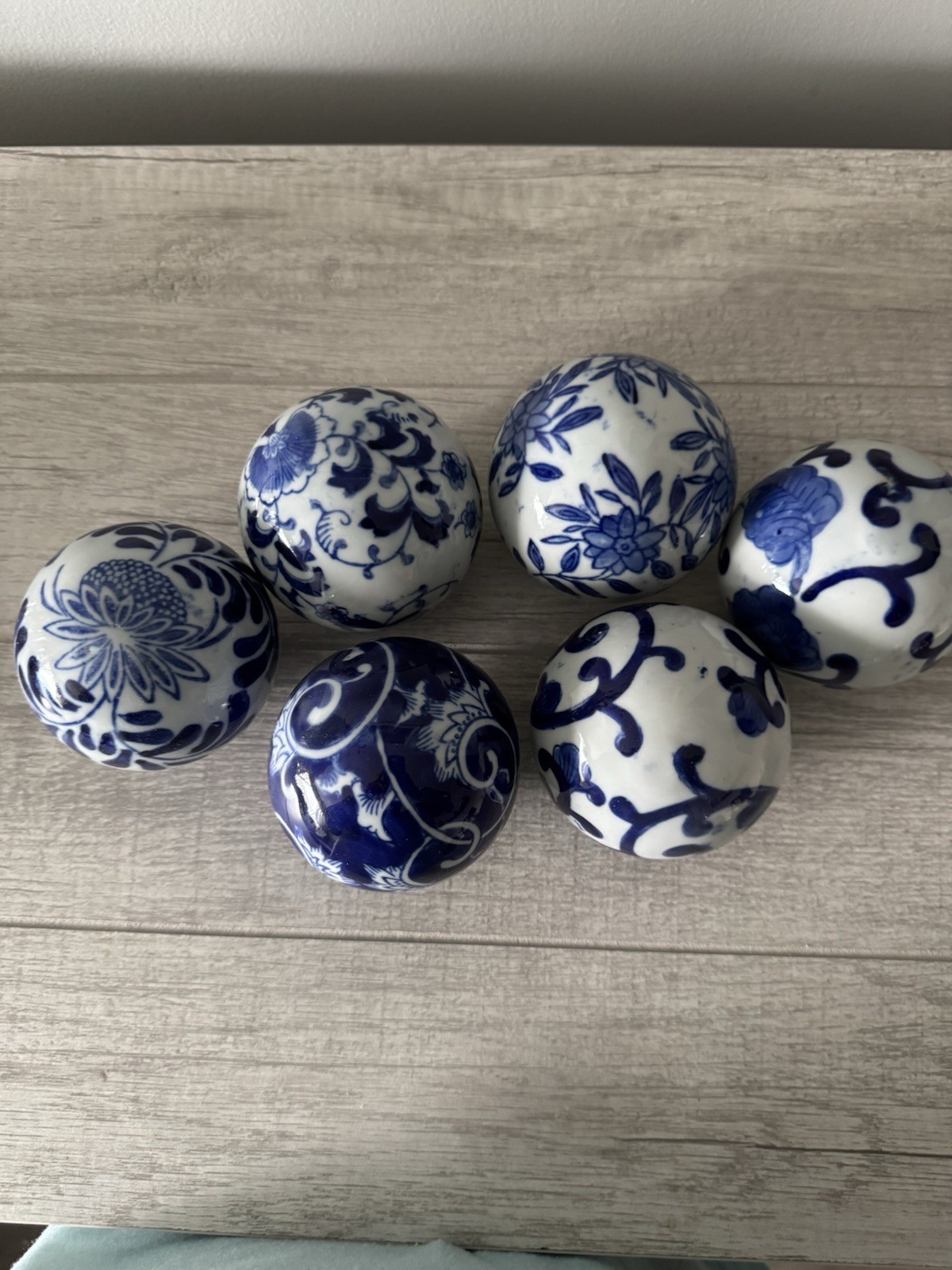 Set Of 6 Cobalt Blue And White Porcelain Floral Orb’s. 10″ Round.