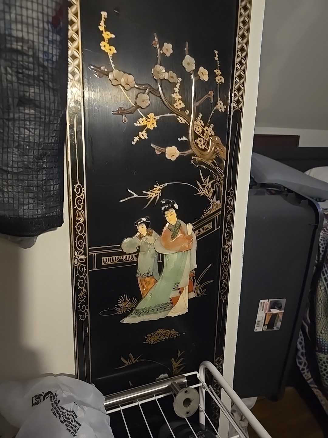 *RARE*MotherPearl Black Lacquer Antique Asian Wooden Wall Art