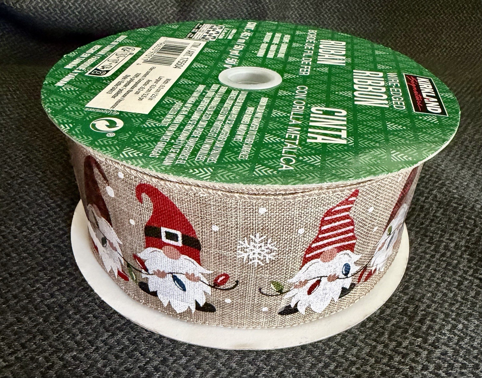 Kirkland Signature Christmas Wired Ribbon 2.5” x 50 Yds Holiday Gnomes NEW Rare