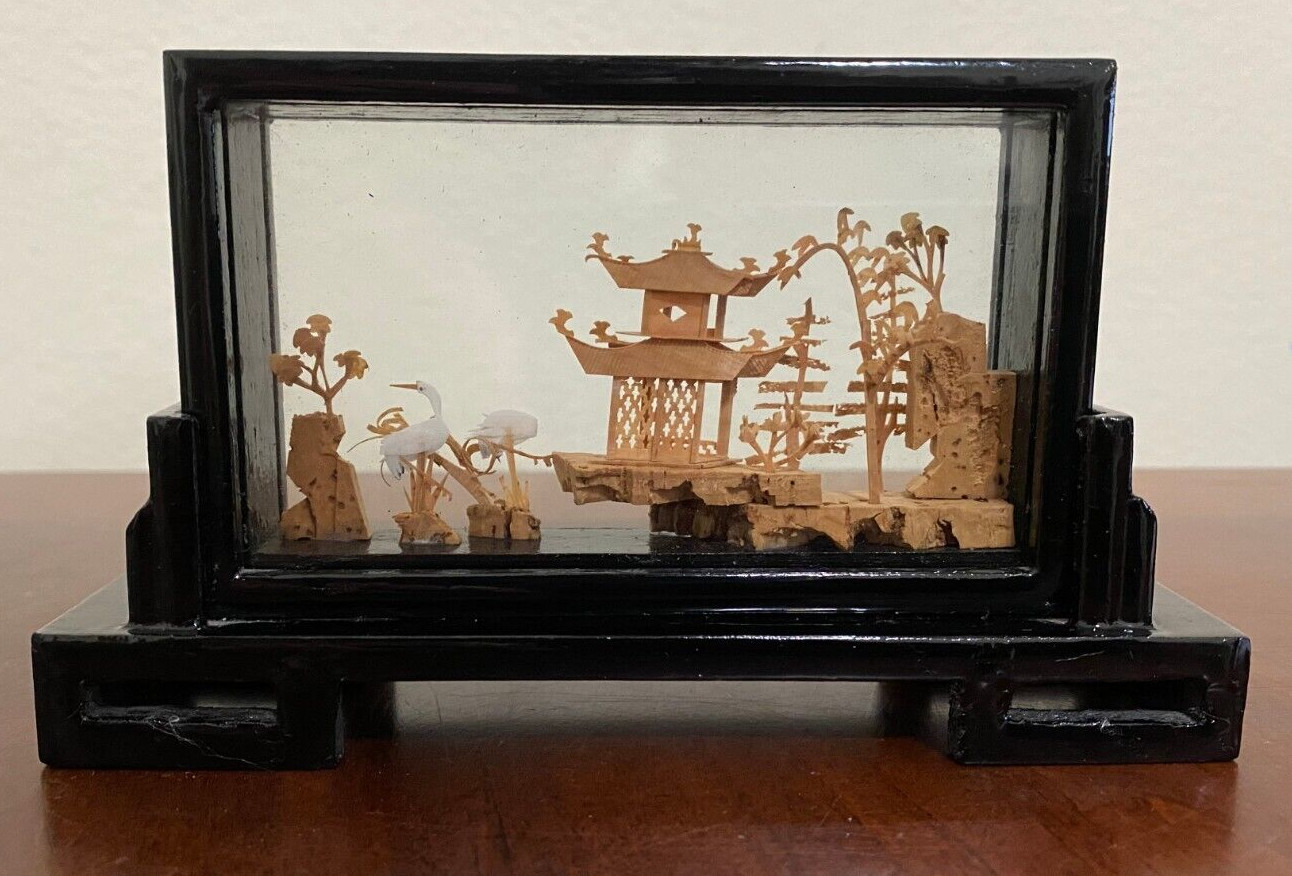 Vintage Chinese Hand Carved Cork Art w/ Storks & Pagoda 3D Diorama