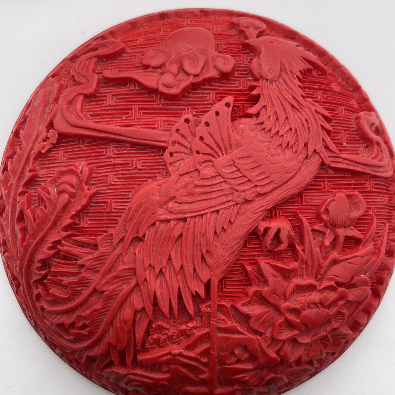 Trinket Box Cinnabar Phoenix Design on Lid & throughout Brilliant￼ Red￼ Vintage