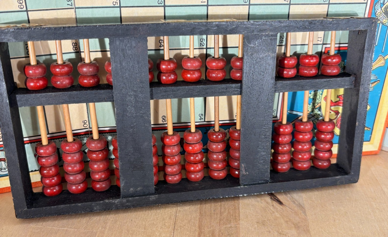 Vtg Chinese Abacus Wood and Brass 13 Rows 91 Beads, Lotus Flower Brand Red Black