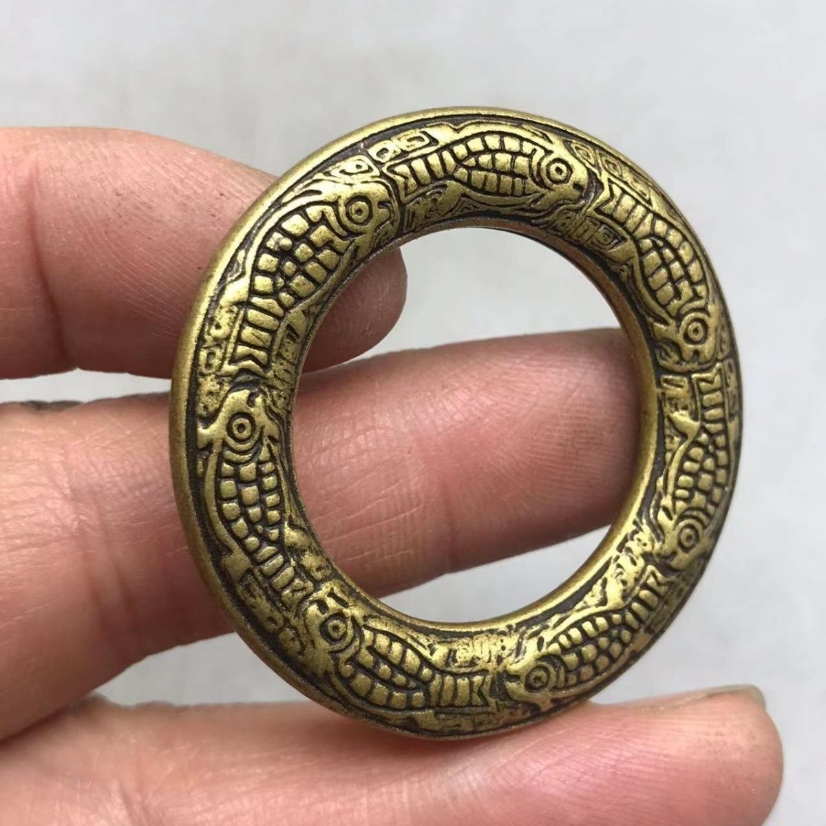 Antique Embossed Fish Circle Auspicious Wealth Abundance Lucky Amulet Token