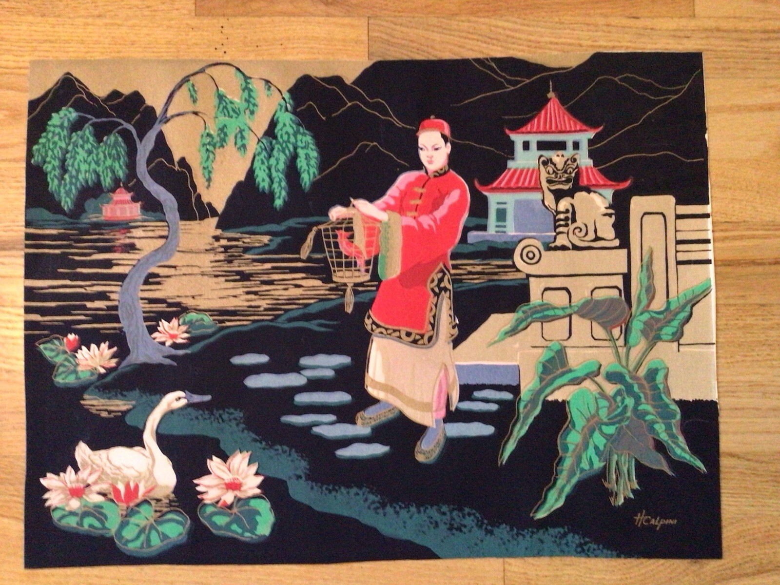 ORGINAL Silk Screen PRINT artist H CALPINI 1950’s MCM Japan Design