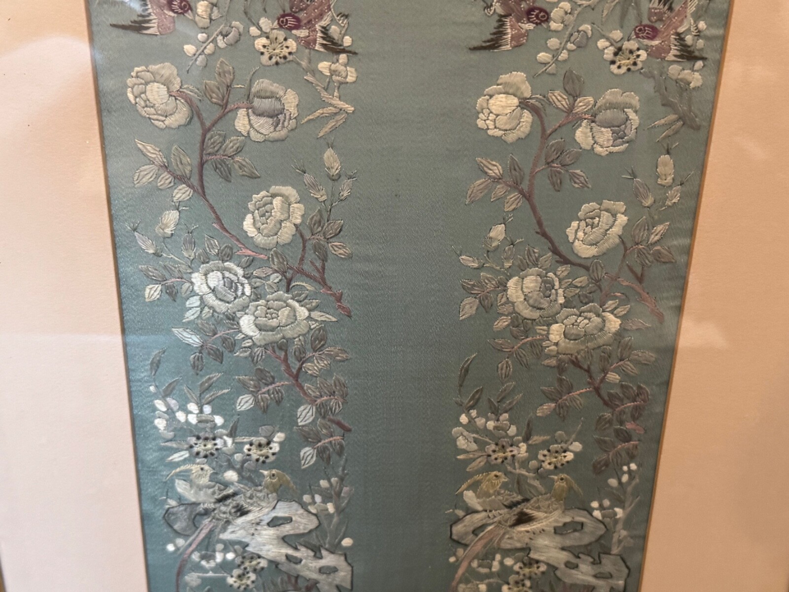 Vtg Antique Chinese Framed Silk Embroidered Textile Birds & Flowers Decoration