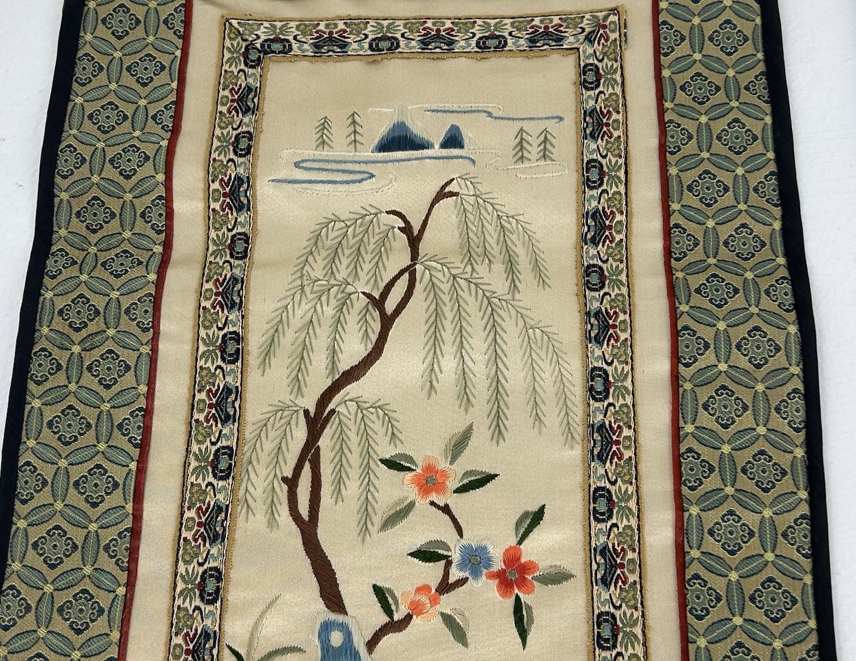 Vintage Asian Silk Panels Embroidery Needlepoint Wall Hanging Set Lot Pair 2
