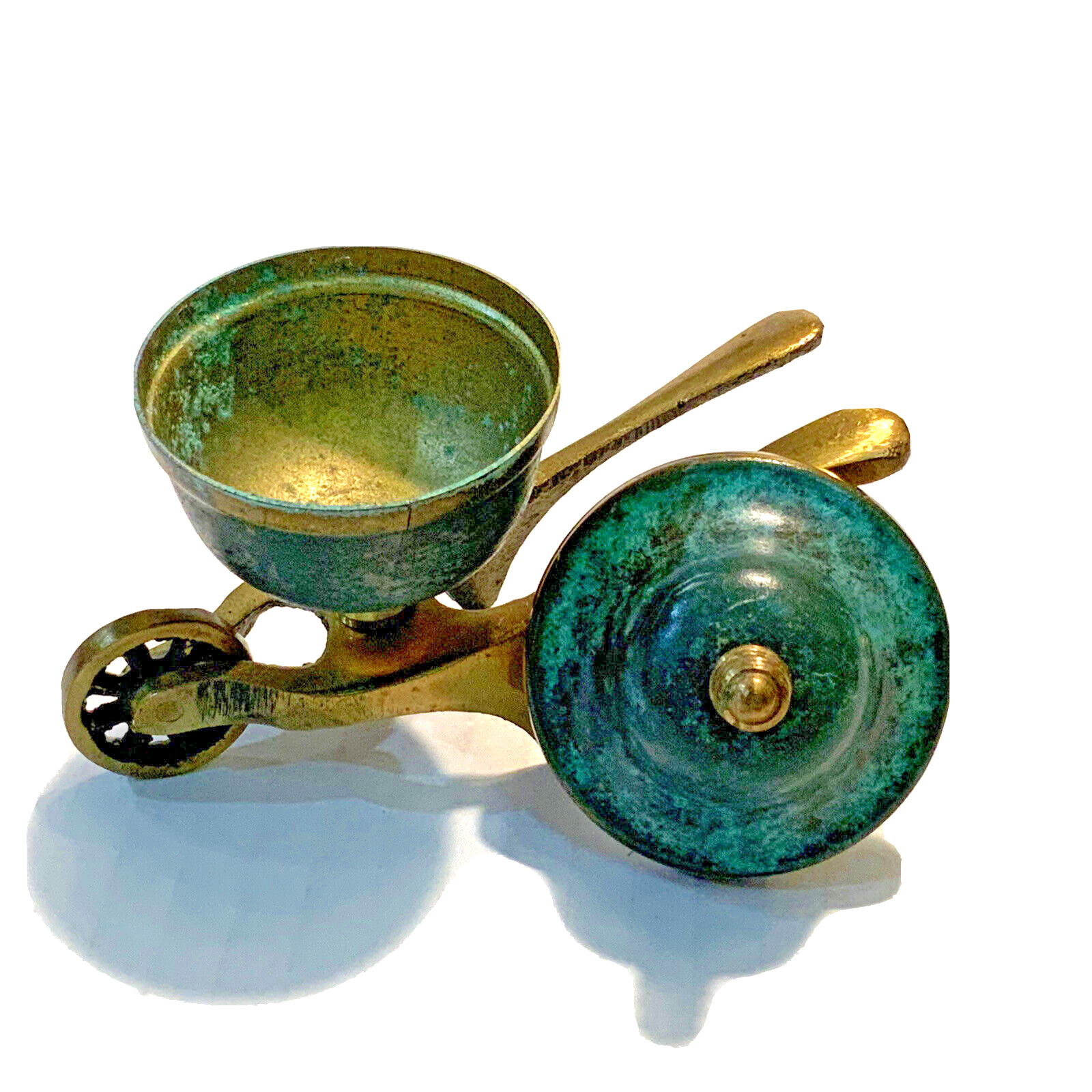 Brass Wheelbarrow Lidded Incense Burner Saccharin Holder Green Marbled 3.25″ tal