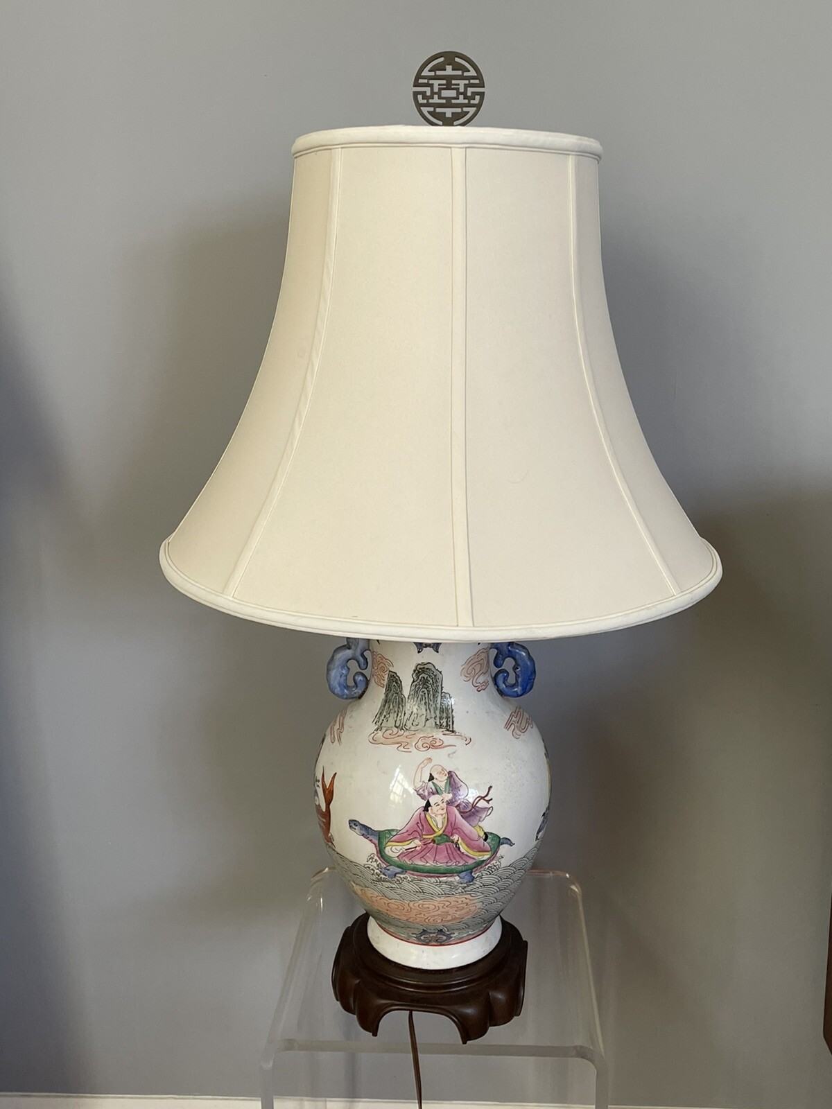 Large Vintage Chinese Porcelain Famille Rose Style Lamp Immortals Hand Painted