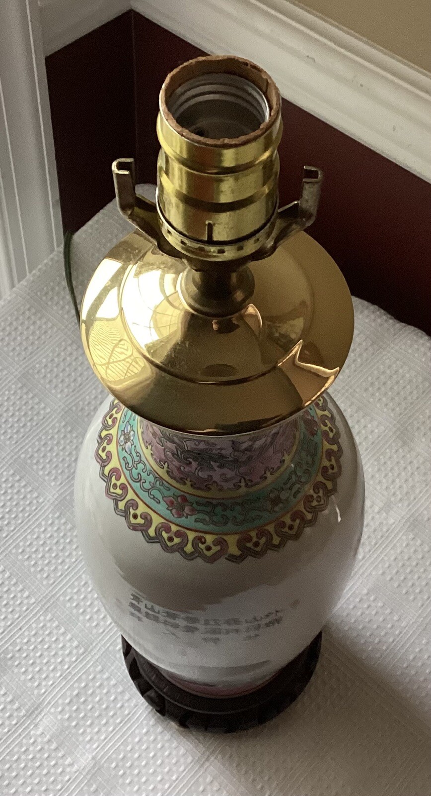 Vintage Chinese Famille Rose Porcelain Landscape Vase Lamp Inscribed 17.25″