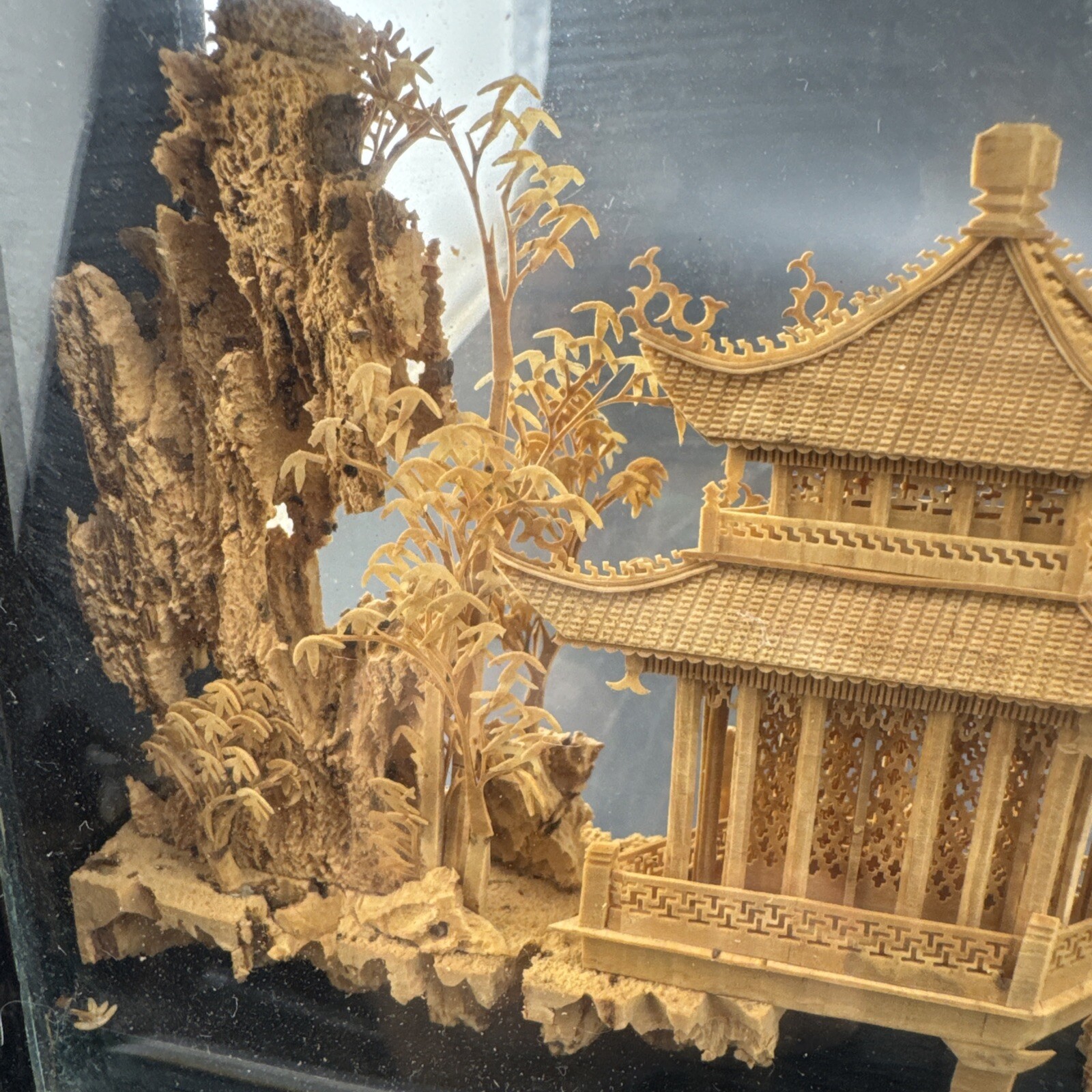 Vintage Chinese San You Cork Art Hand Carved Diorama Pagoda Cranes Trees