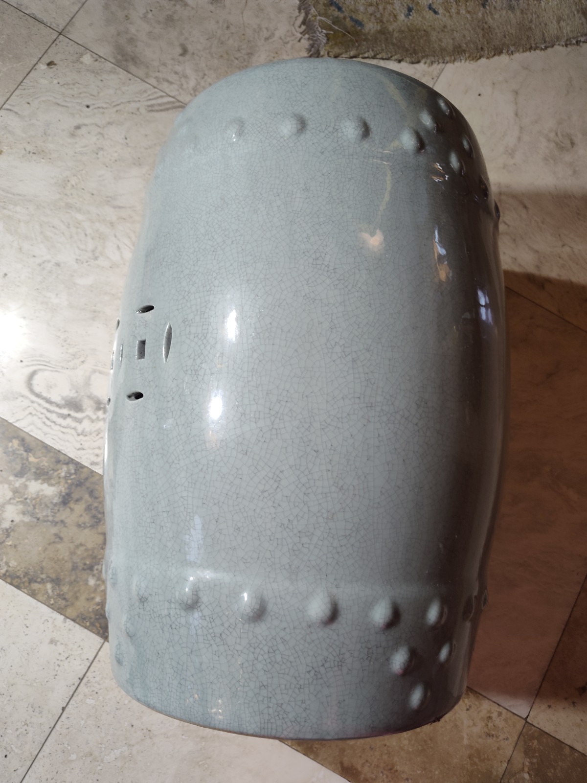 18 ” Vintage Chinese Celadon Porcelain Garden Seat. Hobnailed and Pierced.