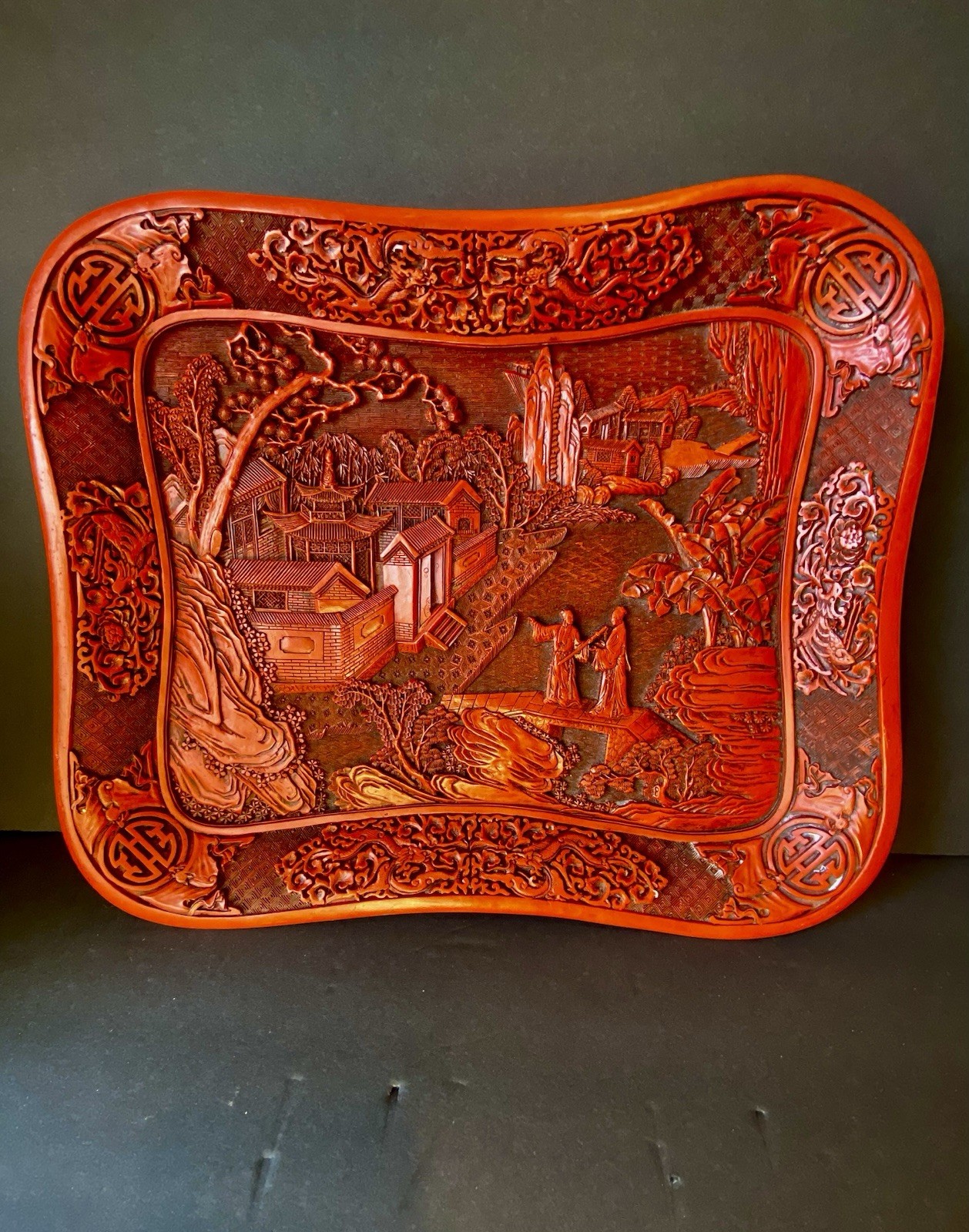 Cinnabar Vintage Carved Chinese Tray Red 14.5×12 Landscape Scene with Figures