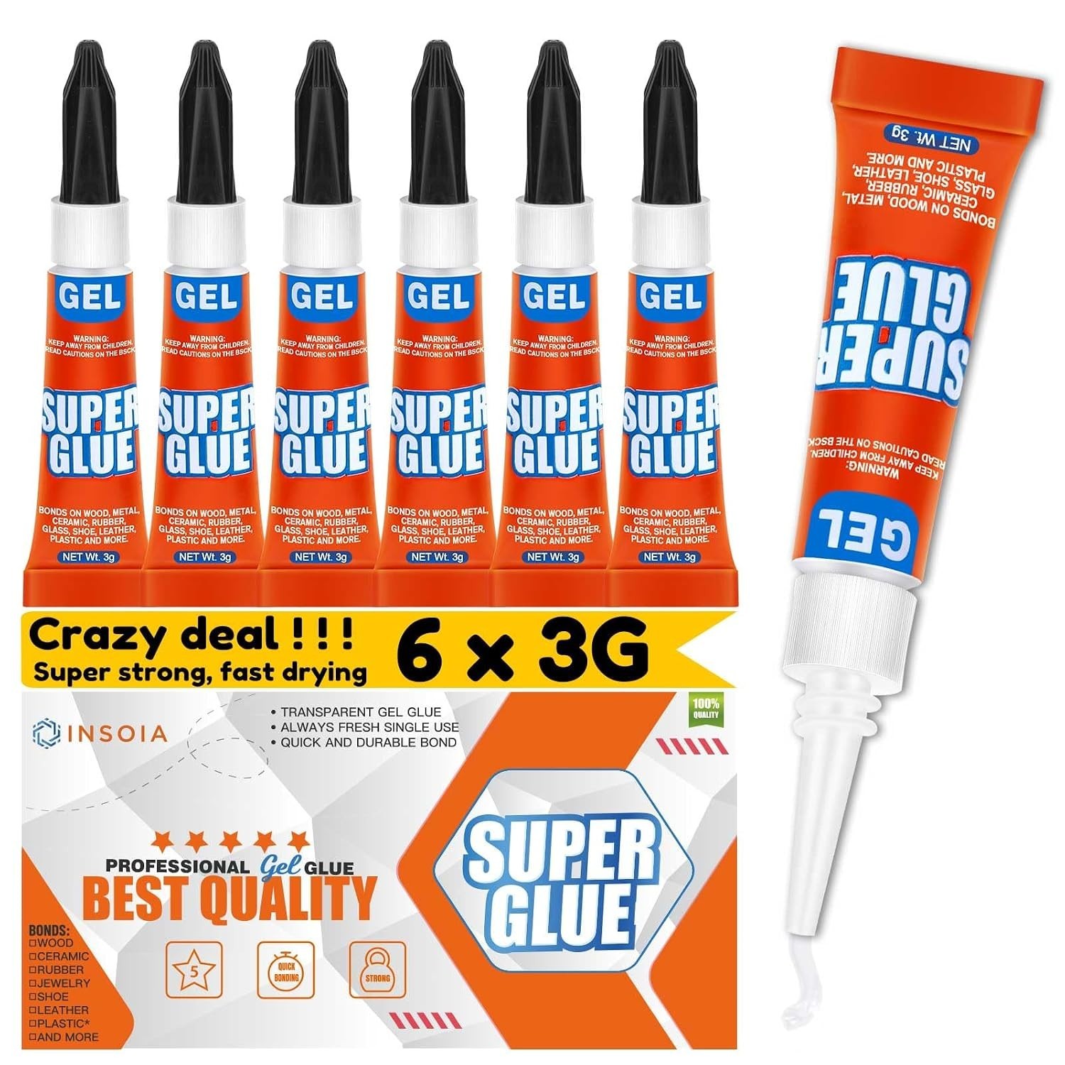 Super Glue Gel Clear Non-Drip, 24 X 3G All Purpose Strong Adhesive Ca Glue Quick
