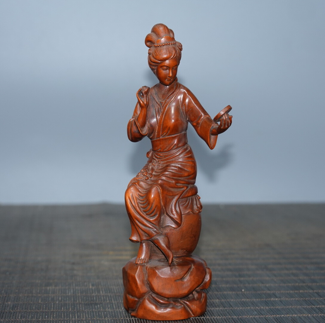 6.3″ Collect China Boxwood Carving Beauty Beautiful Woman Looking Mirror Statue