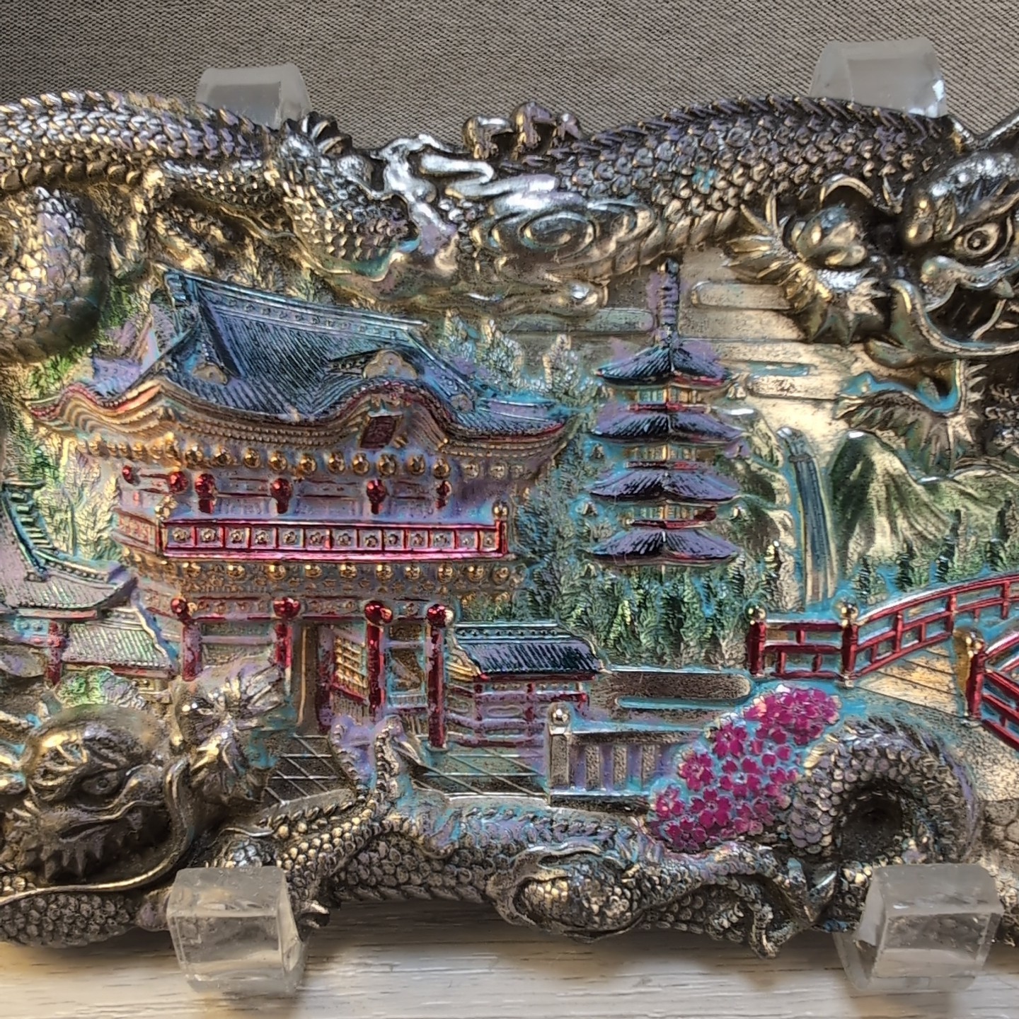 Antique Chinese Dragon Repousse Metal Tray Plaque Wall Art Jewelry Box Lid 7″x4″