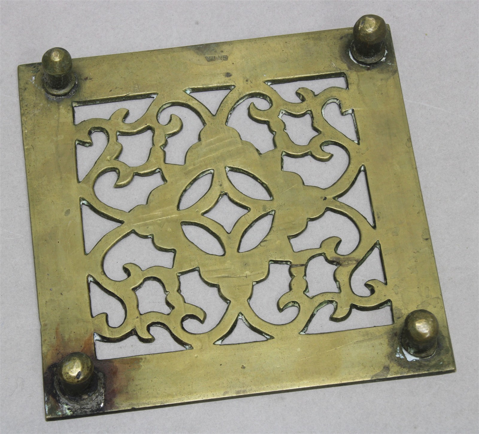 Vintage Chinese SOLID BRASS TRIVET Etched Floral & Stamped Detail 4-3/4″ Square
