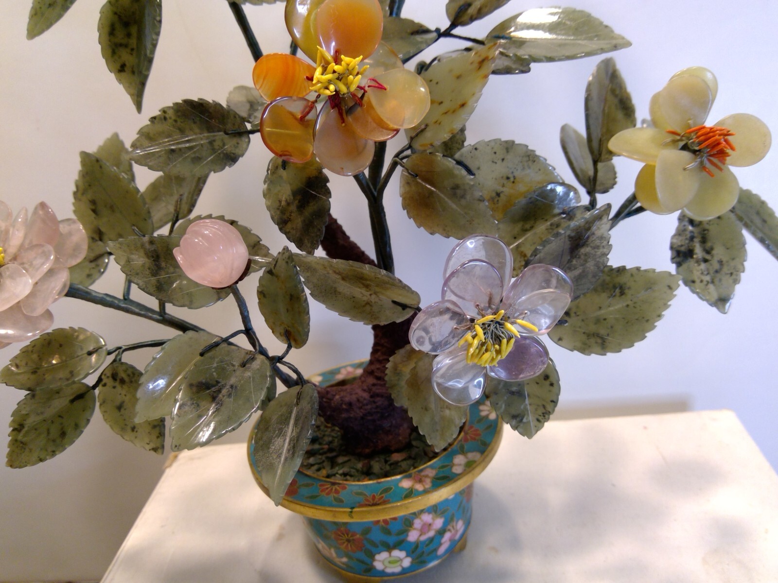 Vintage Chines Cloisonne Pot Bonsai Tree Craved Stone Flowers & Leaves 11″ Tall