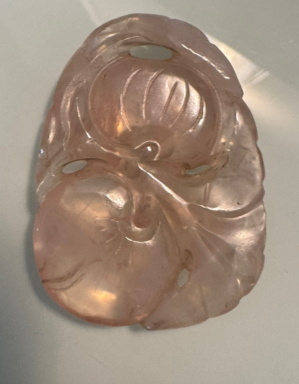 Vintage Hand Carved Top Grade Rose Quartz Chinese Themed Fruits & Leaves Pendant