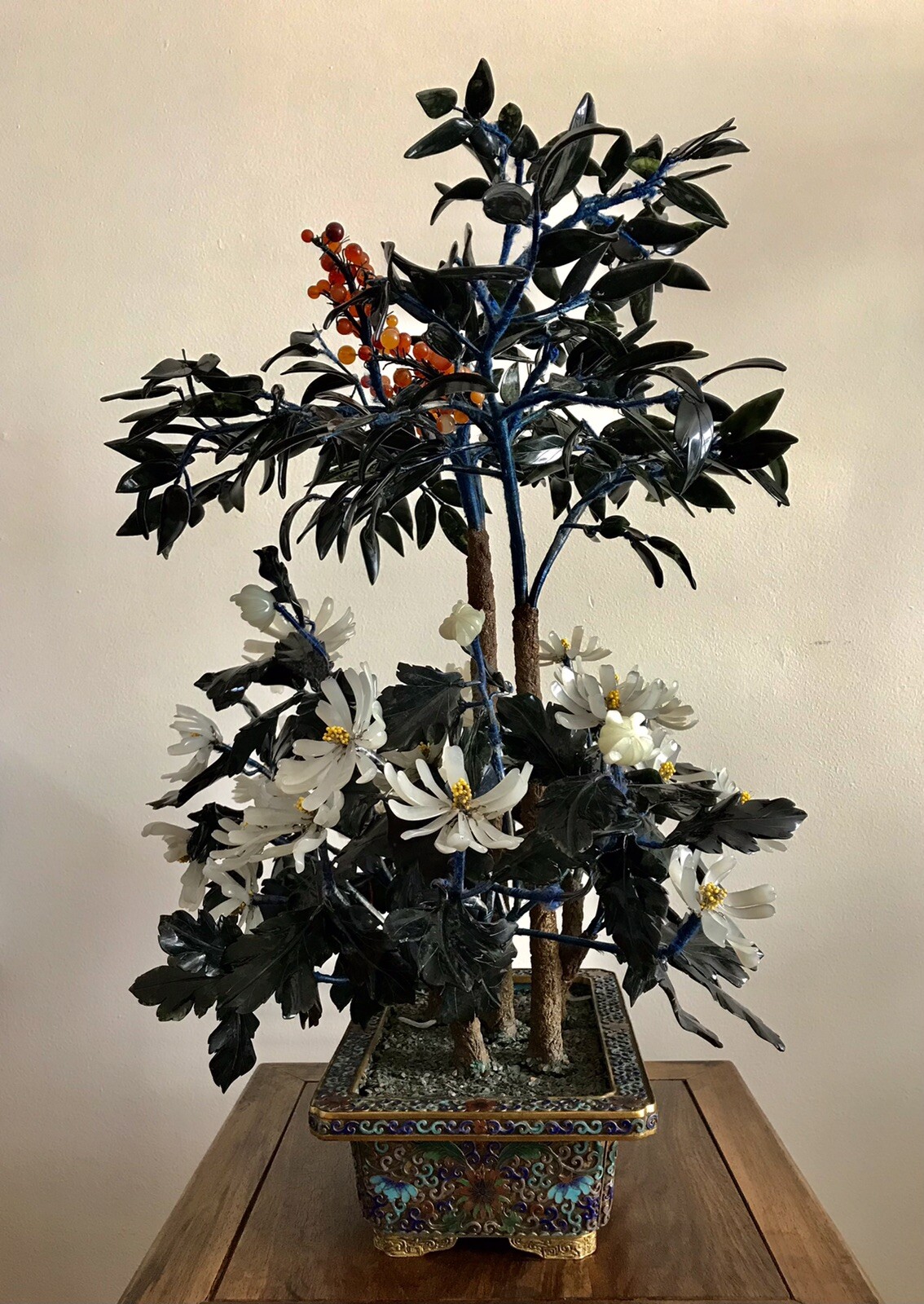 27” Tall Large Chinese Jade and Agate Bonsai Tree in Cloisonne Pot