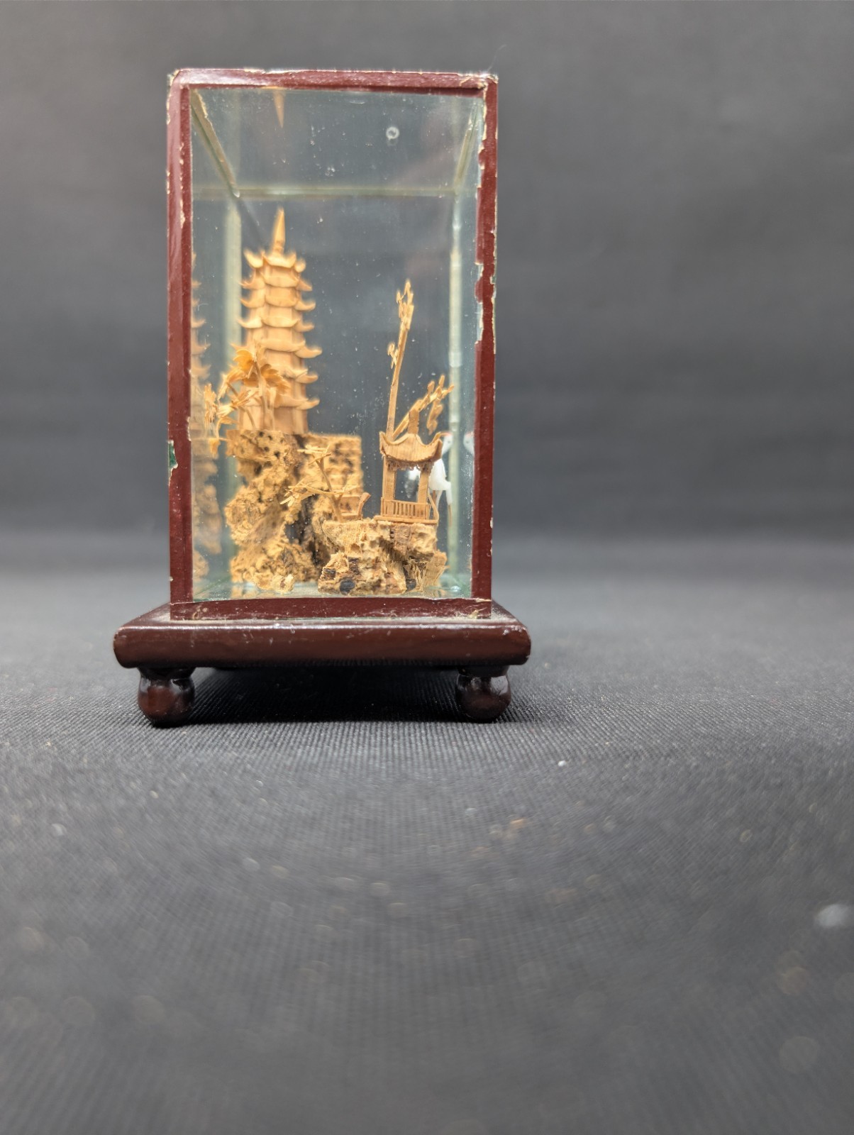 DIMINUITIVE DIORAMA! 3¾” Chinese Cork Carving VINTAGE Cranes & Village FRAMED