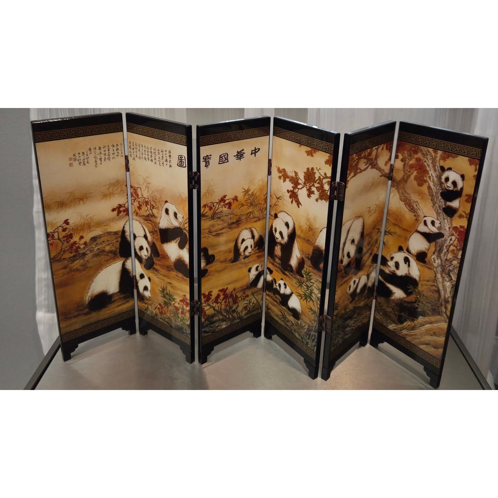Vintage Chinese Lacquer 6 Panel Folding Mini Screen Panda Black Gold 9.5in x18.5