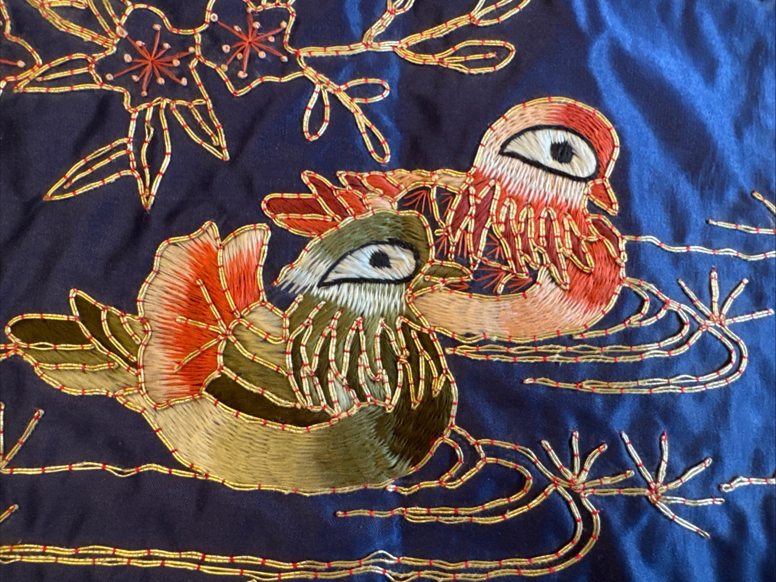 Chinese Golden Cloud Hand Embroidered Blue & Gold Silk Table Mat Ducks 9”x16”