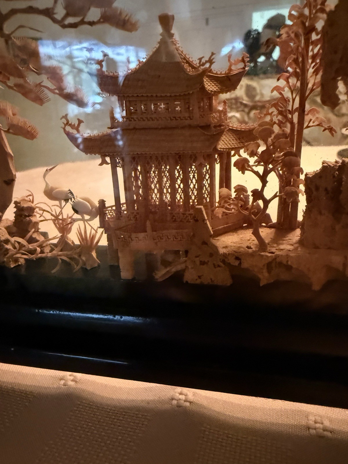 Vintage Chinese San You Cork Art Hand Carved Diorama Pagoda Cranes Trees