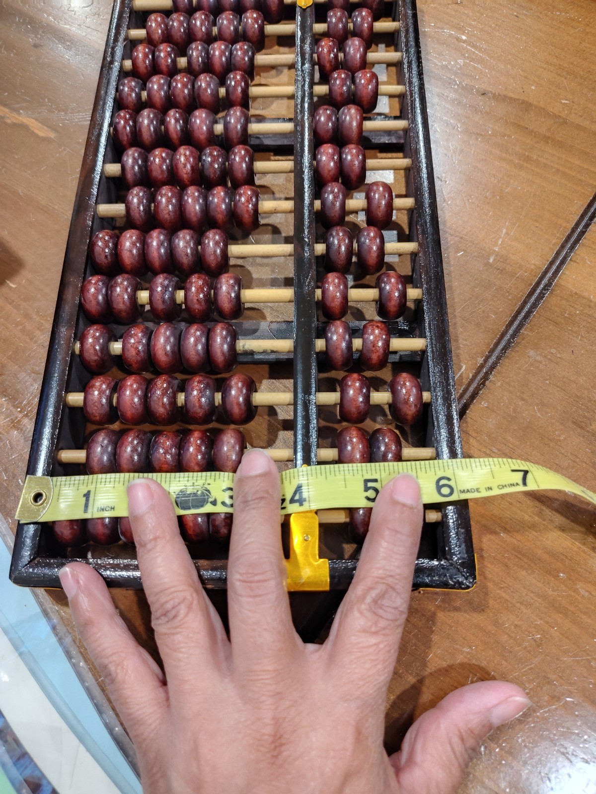 Vintage Chinese Abacus Wood & Brass Lotus Flower Brand Calculator 13 Row 91 Bead