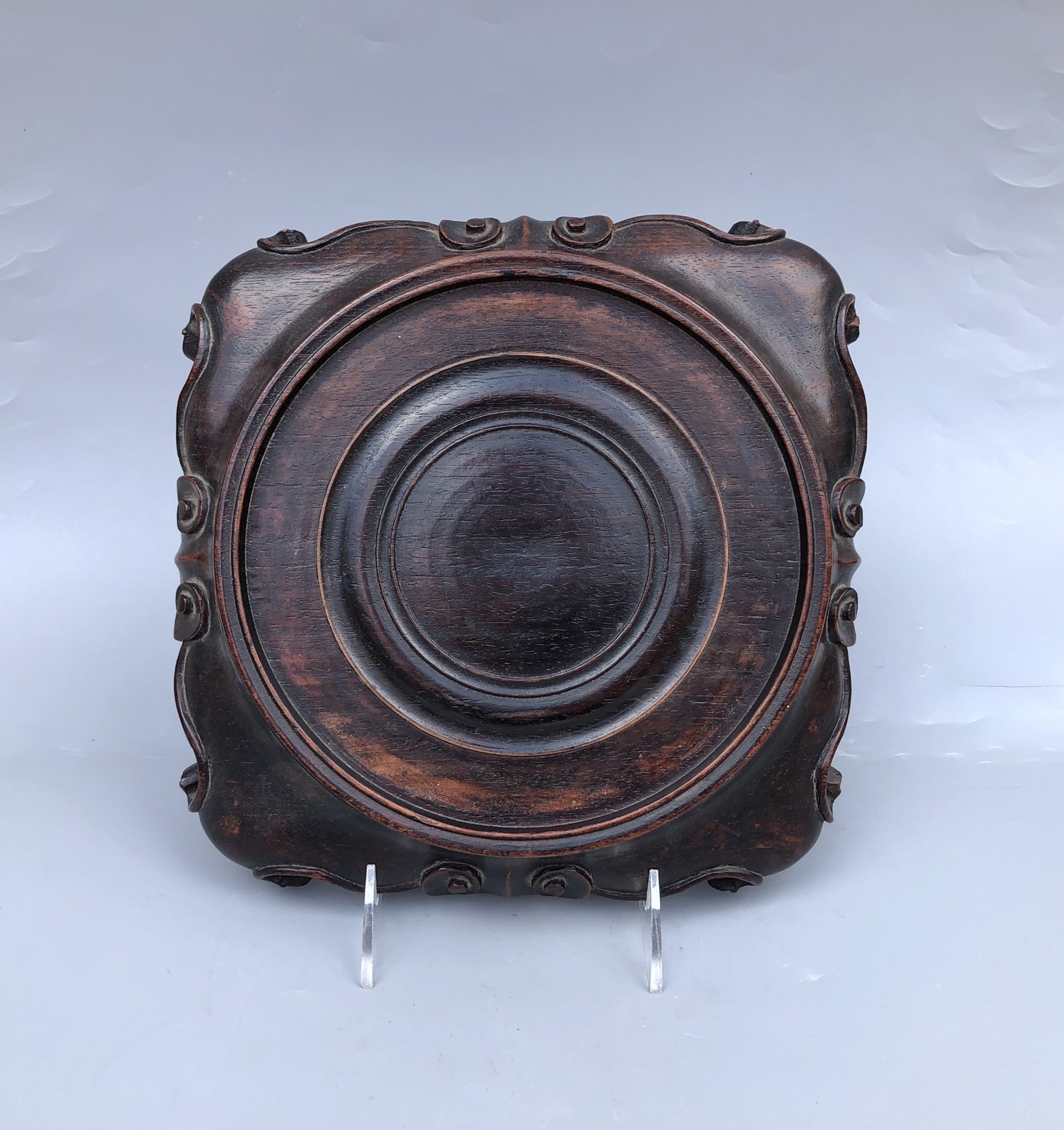 Antique Chinese Hongmu? Wood Carved Scroll Cloud Square Vase Planter Stand