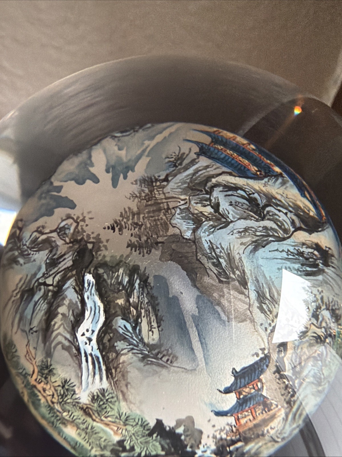 Vintage Chinese Hand Painted Reverse Art 4.5″ Glass Globe On Wooden Stand