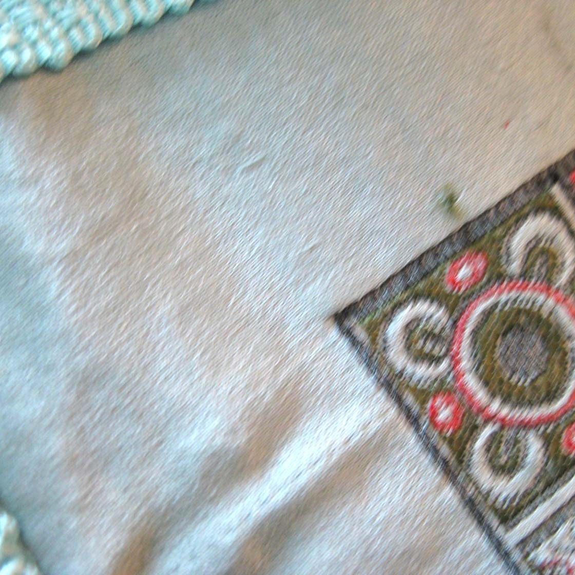 Vtg Asian Brocaded Flowers Silk Tapestry Fringed Tablecloth 40 by 60 In WWII Era