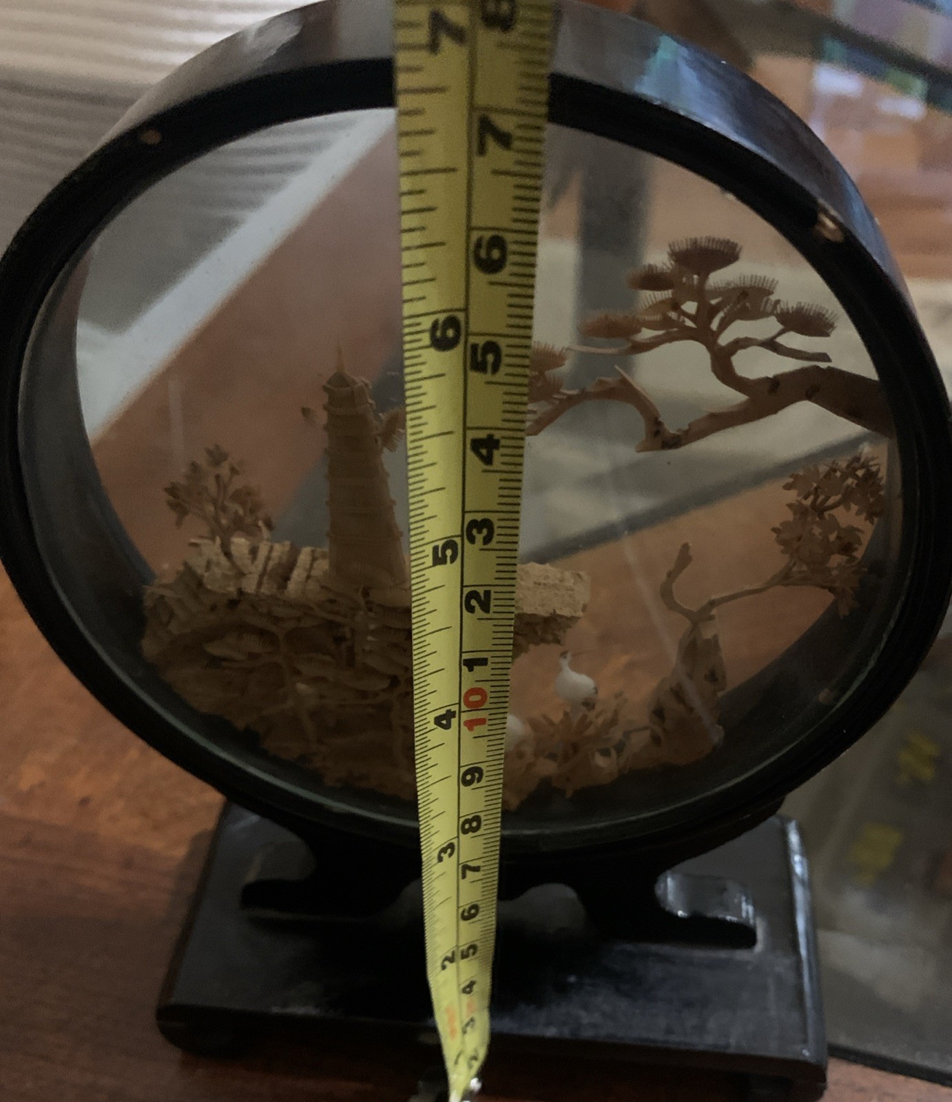 Vintage Chinese San You Cork Art Hand Carved Diorama Pagoda Cranes Trees-READ