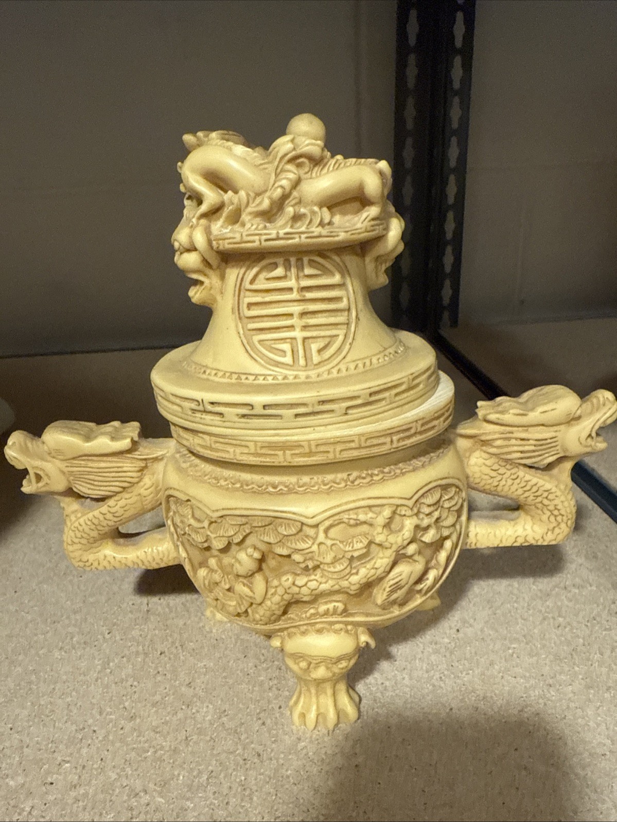 Dragon Incense Burner Faux Bone Resin Ornate Sculpture Decor Chinese Asian Lid