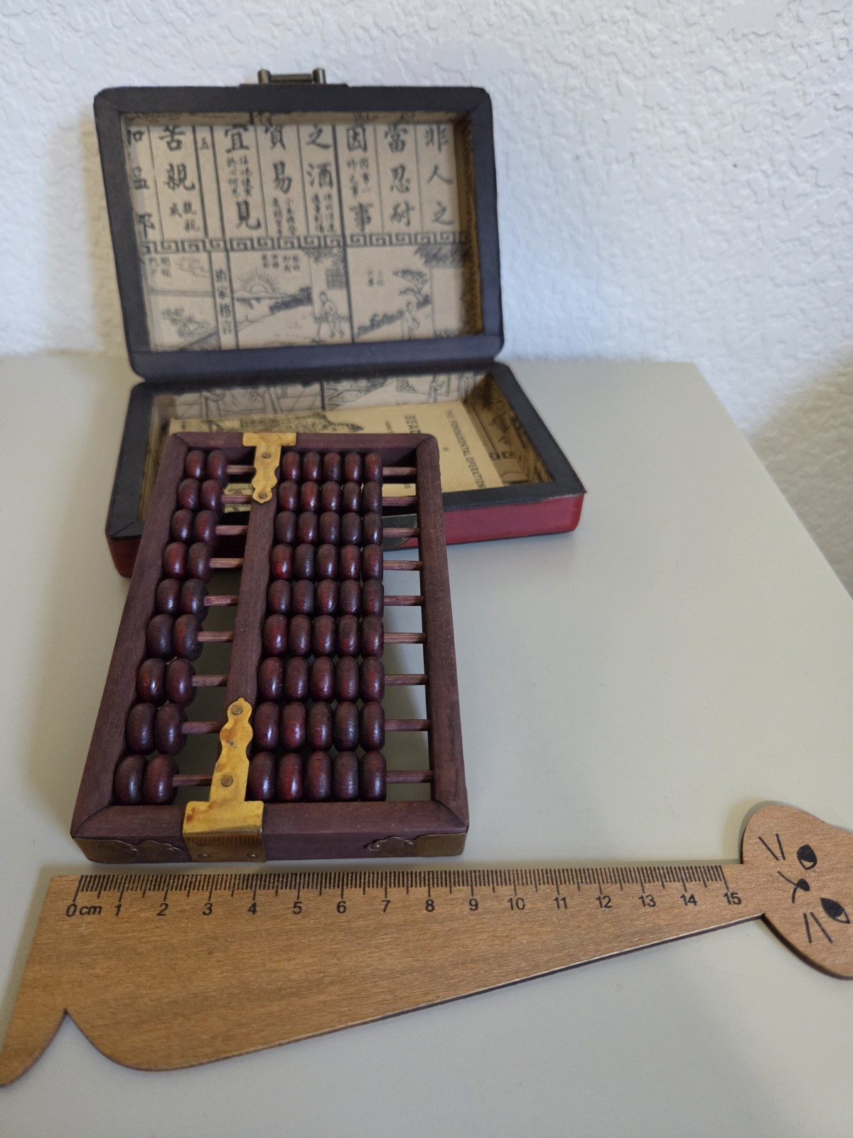 Vintage Chinese Abacus 2:5 Beads w/ Red Phoenix Dragon Brass Wood Box + Booklet
