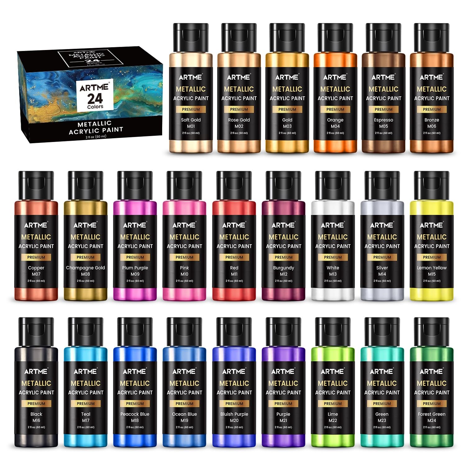 24 Piece Metallic Acrylic Paint Set with 2 oz/60ml Bottles Metal Colors