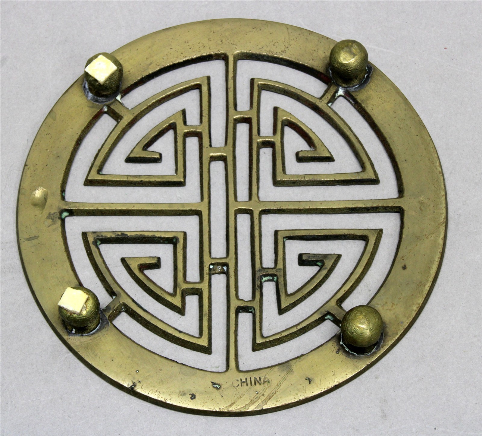 Vintage Chinese SOLID BRASS TRIVET “Shou”Happiness/Long Life 5” Diameter