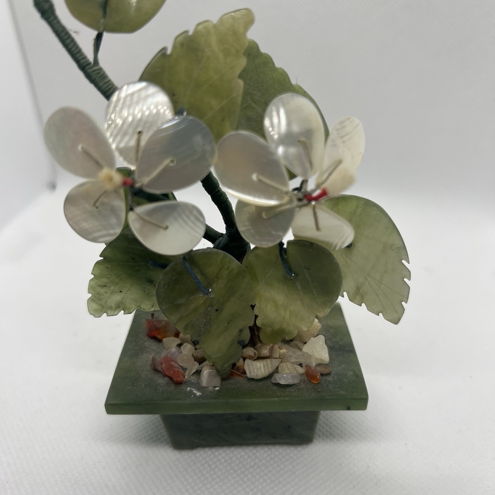 Sweet Small Asian Mother of Pearl & Jade Bonsai Tree Figure in Celadon Green Pot