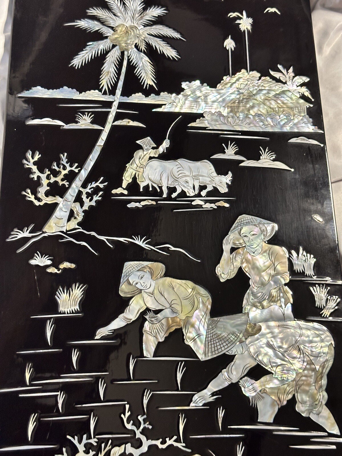 Chinese Wall Art Mother Of Pearl On Black Lacquerware 23.58” Tall 11 3/8” Wide