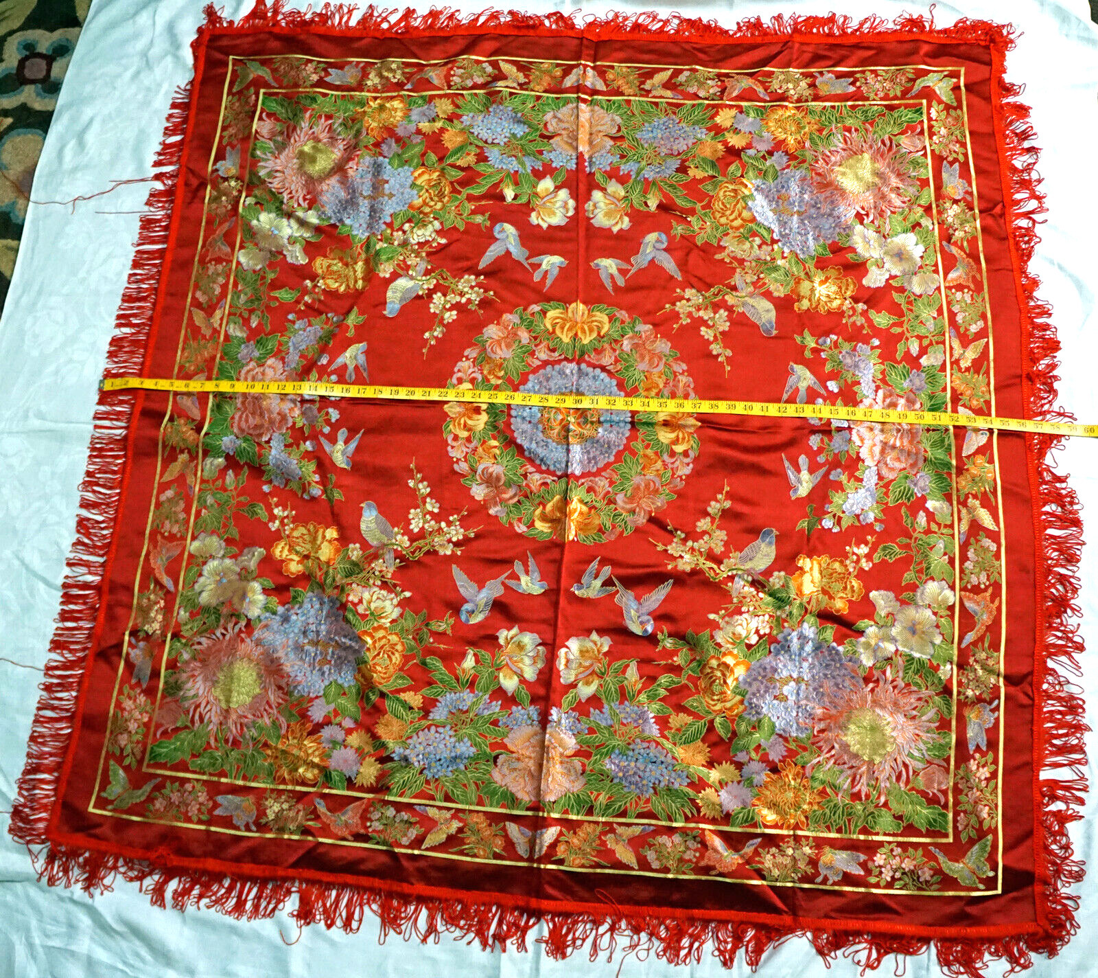 Vintage Silk Brocaded Flowers China Tapestry or Table Cloth Vivid Colors